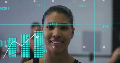 Smiling fitness woman with AR analytics overlay showing workout charts, data and progress