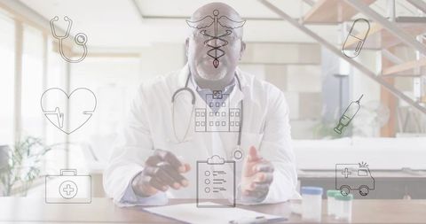 Doctor consulting patient via telehealth in sunlit clinic with stethoscope and clipboard