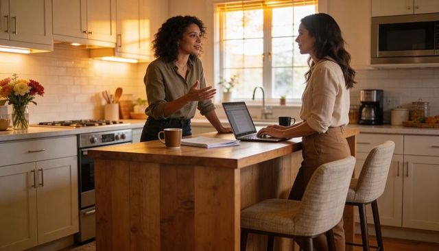 Women Collaborating in Sunlit Kitchen Island Using Laptop and Coffee During Golden Hour