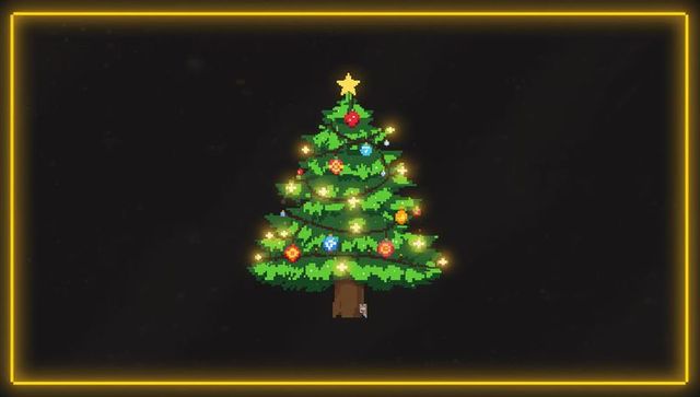 Pixel-art christmas tree glowing with retro lights and baubles on neon framed backdrop