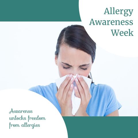 Woman blowing nose for allergy awareness week promotion