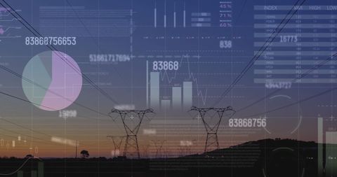 Financial Data Overlaid on Electricity Pylons at Sunset