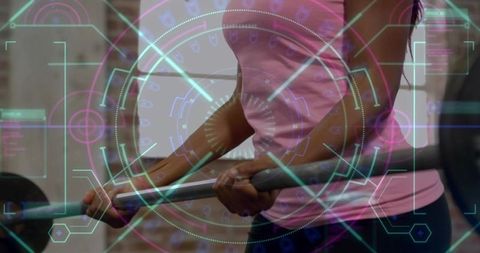 Female athlete gripping loaded barbell, bracing core with futuristic ar hud overlay