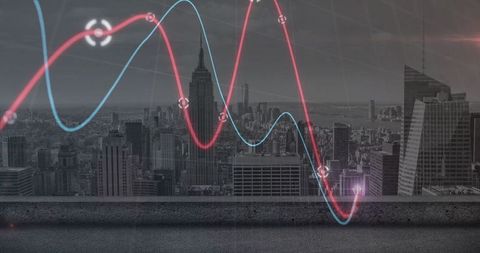 Digital data analysis overlaying cityscape