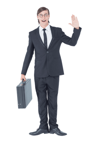Transparent Geeky Businessman Waving with Briefcase