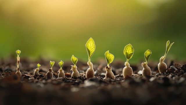 Sprouting Seedlings in Garden Soil Beneath Warm Golden Light