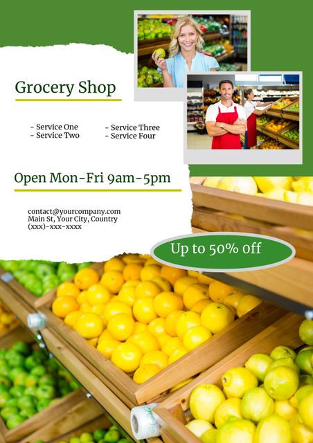 Image perfect for promoting grocery store discounts on fresh fruits and vegetables. Highlights store hours, customer service, and a variety of available services. Ideal for printed flyers, social media marketing, and email campaigns targeting new or existing customers.
