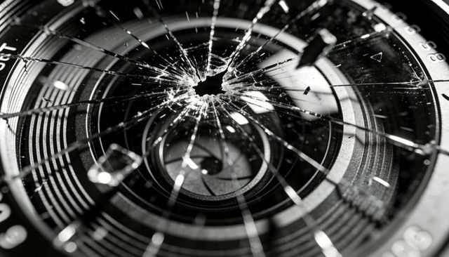 Shattered camera lens with central impact and radial cracks, monochrome macro closeup
