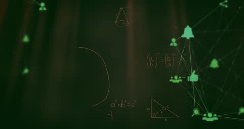 Digital Network Icons Overlaid with Mathematical Equations in Dark Background