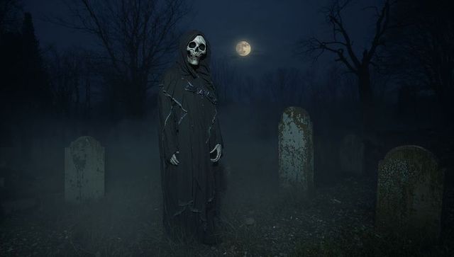 Eerie Skeleton in Foggy Graveyard under Full Moon