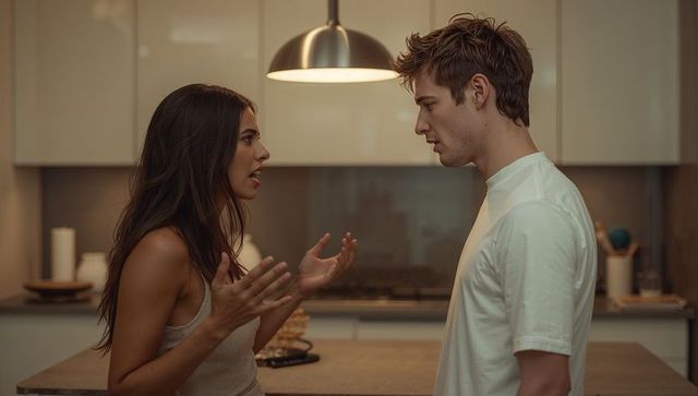 Young couple arguing at modern kitchen island under warm pendant light, tense domestic moment
