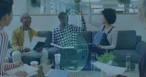 Diverse Professionals in Innovative Work Space with Digital Security Concept