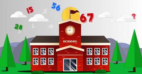 Educational School Building with Numbers Floating Around