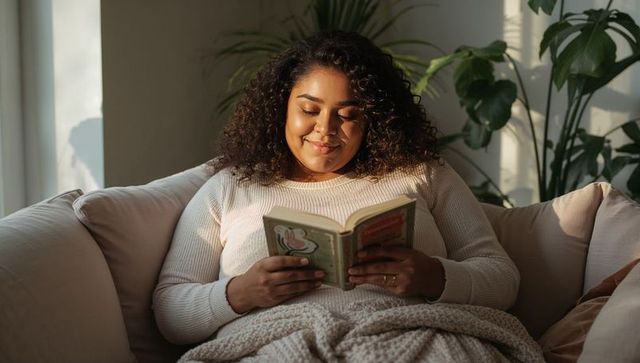 Cozy evening sofa, woman reading paperback, snuggling knit blanket enjoying warm sunlight