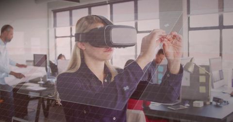 Professional Woman in Futuristic Office Engaging with Virtual Interface