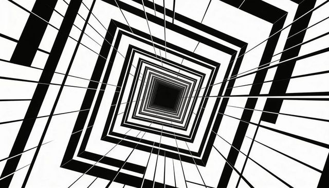Concentric Squares Creating Optical Tunnel With Radiating Lines Minimal Black White