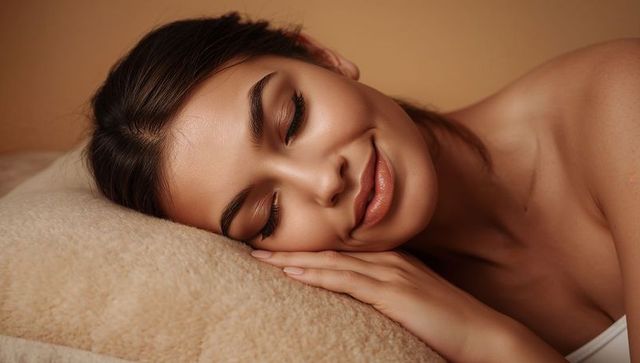 Serene woman resting on plush pillow closeup showcasing soft makeup and long lashes