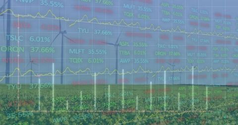 Wind turbines standing over farmland with financial data overlay showing green investment