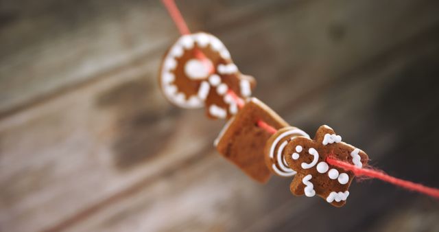 A gingerbread man ornament hangs on a red string, with copy space. Its intricate icing details add a festive touch, symbolizing holiday decorations and traditions.