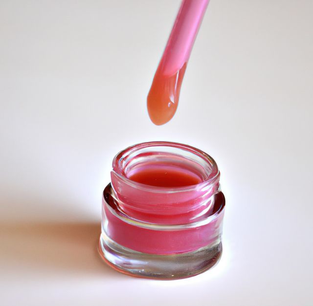 A close-up view of a pink lip gloss with an applicator dripping gloss into a glass container. Perfect for use in beauty and cosmetic advertisements, skincare and makeup tutorials, and fashion or glamour editorial designs.