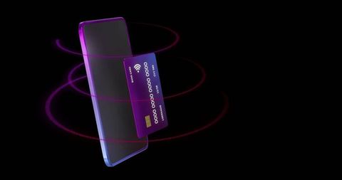 Floating smartphone with glowing purple contactless card and neon rings