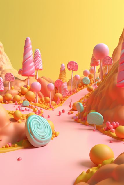 Vibrant candy landscape featuring lollipop trees, a candy-covered path, and various confectioneries in pastel shades against a yellow background. Perfect for use in children's book illustrations, creative advertisement backgrounds, digital artwork, and fantasy themed design projects.