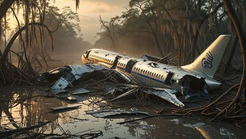 Passenger plane crash ruins in eerie swamp wilderness