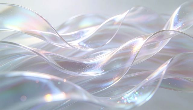Flowing iridescent ribbon waves with pearlescent pastel glow and ethereal sparkle