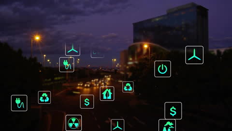 Eco-Friendly Tech Interface Over Urban Cityscape at Dusk
