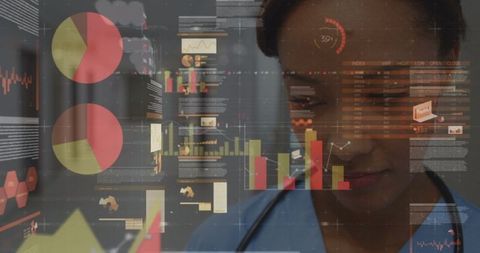 Female Doctor Analyzing Digital Financial Charts Overlay