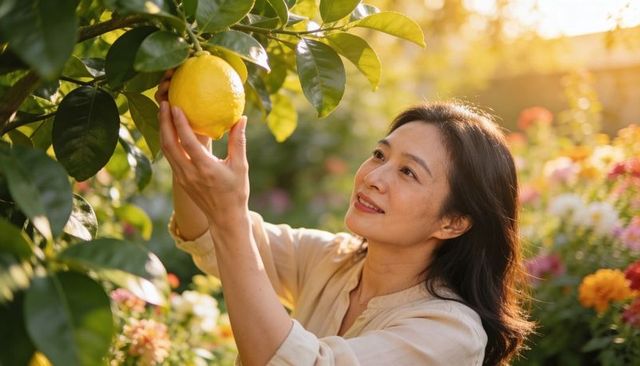 Smiling woman harvesting large yellow citrus in sunlit garden during golden hour