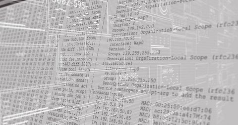 Translucent terminal panels overlaying server rack showing network logs and IP schematics