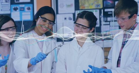 Students Collaborating in the Science Lab with Digital Wave Overlay