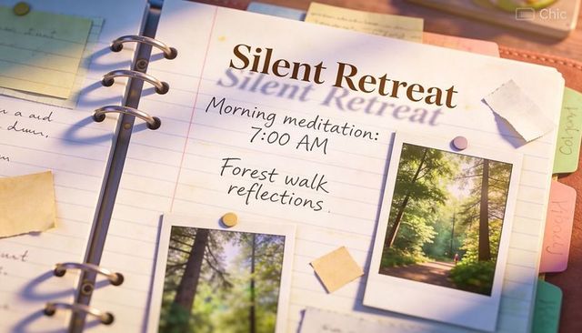 Silent retreat planner with handwritten morning schedule and polaroid forest walks