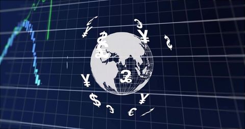 Wireframe globe orbiting currency symbols on financial trading grid, global forex visual
