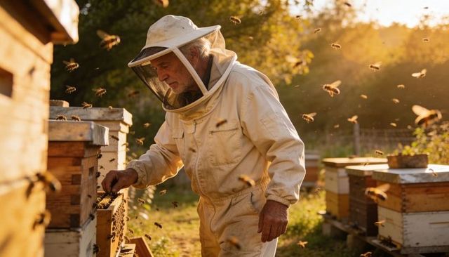 Experienced beekeeper inspecting wooden hive frames at golden hour apiary outdoors at dusk