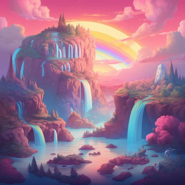 Fantasy landscape with rainbow, waterfalls and mountains created using generative ai technology - Download Free Stock Photos Pikwizard.com