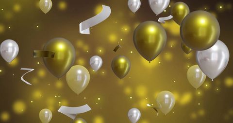 Floating Gold and Silver Balloons with Festive Streamers