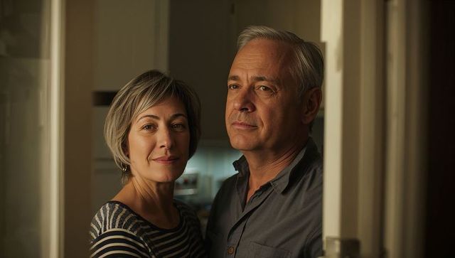 Middle-aged couple standing in doorway sharing quiet evening glow in warm kitchen