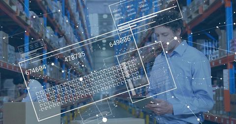 Warehouse Supervisor Scanning Inventory with Tablet and AR Data Overlay in Pallet Racks