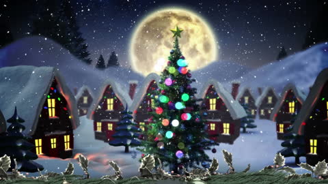 Santa Over Snowy Village with Christmas Tree and Full Moon