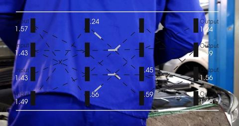 Mechanic leaning over open engine bay wearing blue coveralls with diagnostic overlay