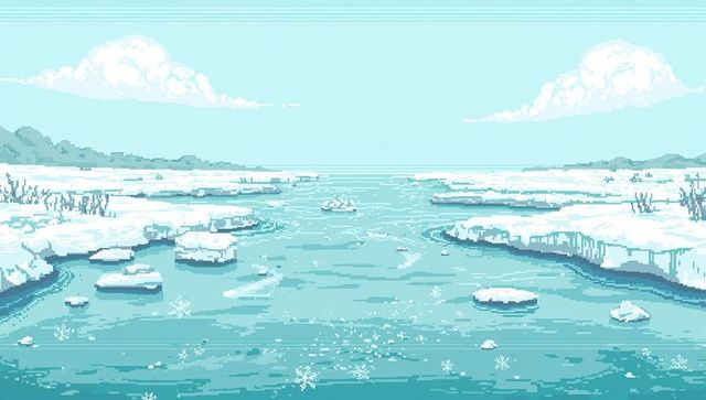 Retro pixel-art winter estuary with icy channel and drifting ice floes in teal palette