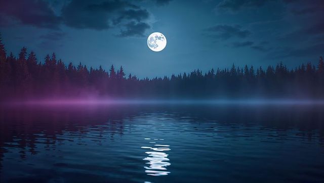 Moonlit Lake Night Scenery with Hazy Sky and Tree Reflection