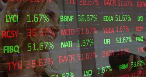 Two colleagues analyzing stock tickers on digital screen with stylus in office