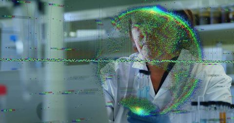 Scientist working with test tubes in laboratory with digital glitch interference overlay