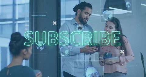 Diverse Team Using Tablet with Subscribe Overlay