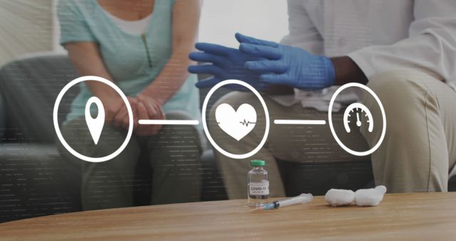 Doctor wearing gloves discussing COVID-19 vaccination with a patient. They are sitting in a clinical setting with COVID-19 vaccine vial and syringe on the table in front. Overlaid icons suggest a focus on location, health monitoring, and progress. Great for articles on vaccination programs, medical consultations, and COVID-19 information.