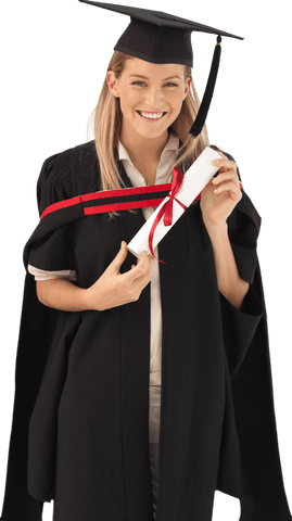 Transparent smiling graduate woman holding diploma