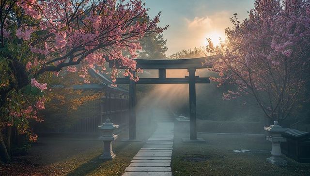 Sunrise torii gate guiding stone path through mist and cherry blossoms
